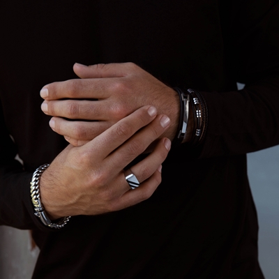 Armband, Edelstahl, Kettenglied, schwarzes Leder