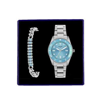 linnen Nieuwjaar Bruin Stalen set met lichtblauwe armband en horloge - Lucardi.nl