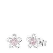 Kinderohrringe, 925 Silber, Blume mit rosafarbenem Zirkonia (1060510)