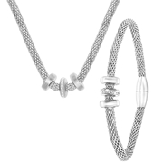 Halskette & Armband aus Edelstahl, 3 Ringe mit Kristall (1041359)