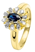 14k Geelgouden ring 10 diamanten 0,05ct en saffier (1036841)