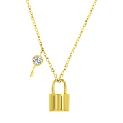Stalen ketting&hanger gold slotje/sleutel zirkonia (1059554)