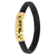 Armband, Edelstahl, schwarzes Leder und vergoldete Schließe (1062420)