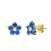 Stalen goldplated oorknoppen bloem met zirkonia blue topaz (1070491)